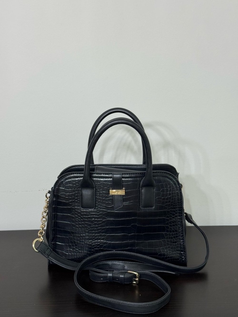 Nine West Black Croc-Embossed Satchel with Gold Hardware